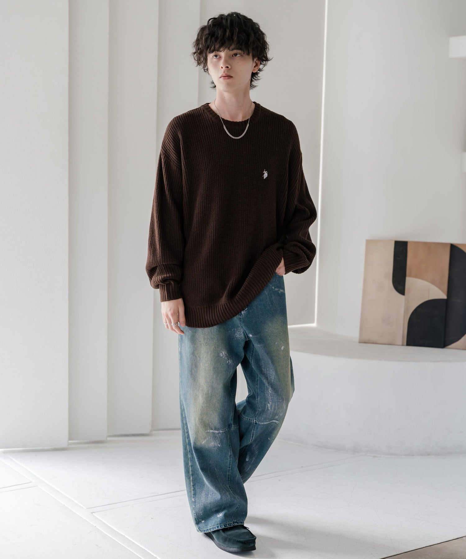 新色追加 U.S. POLO ASSN. ユーエスポロアッスン 別注コラボ オーバーサイズワンポイントロゴ刺繍畦編みクルーネック長袖ニットセーター 14768