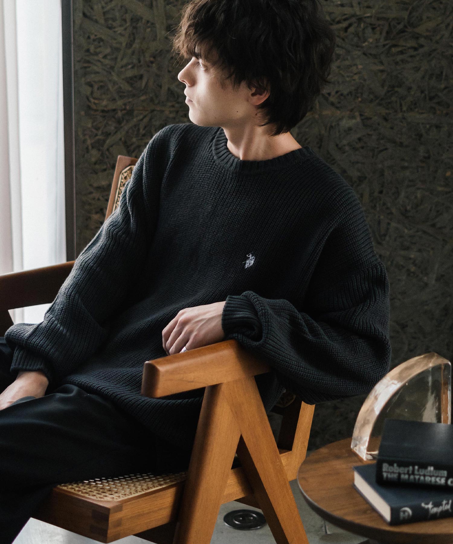 U.S. POLO ASSN. ユーエスポロアッスン 別注コラボ オーバーサイズワンポイントロゴ刺繍畦編みクルーネック長袖ニットセーター 14768