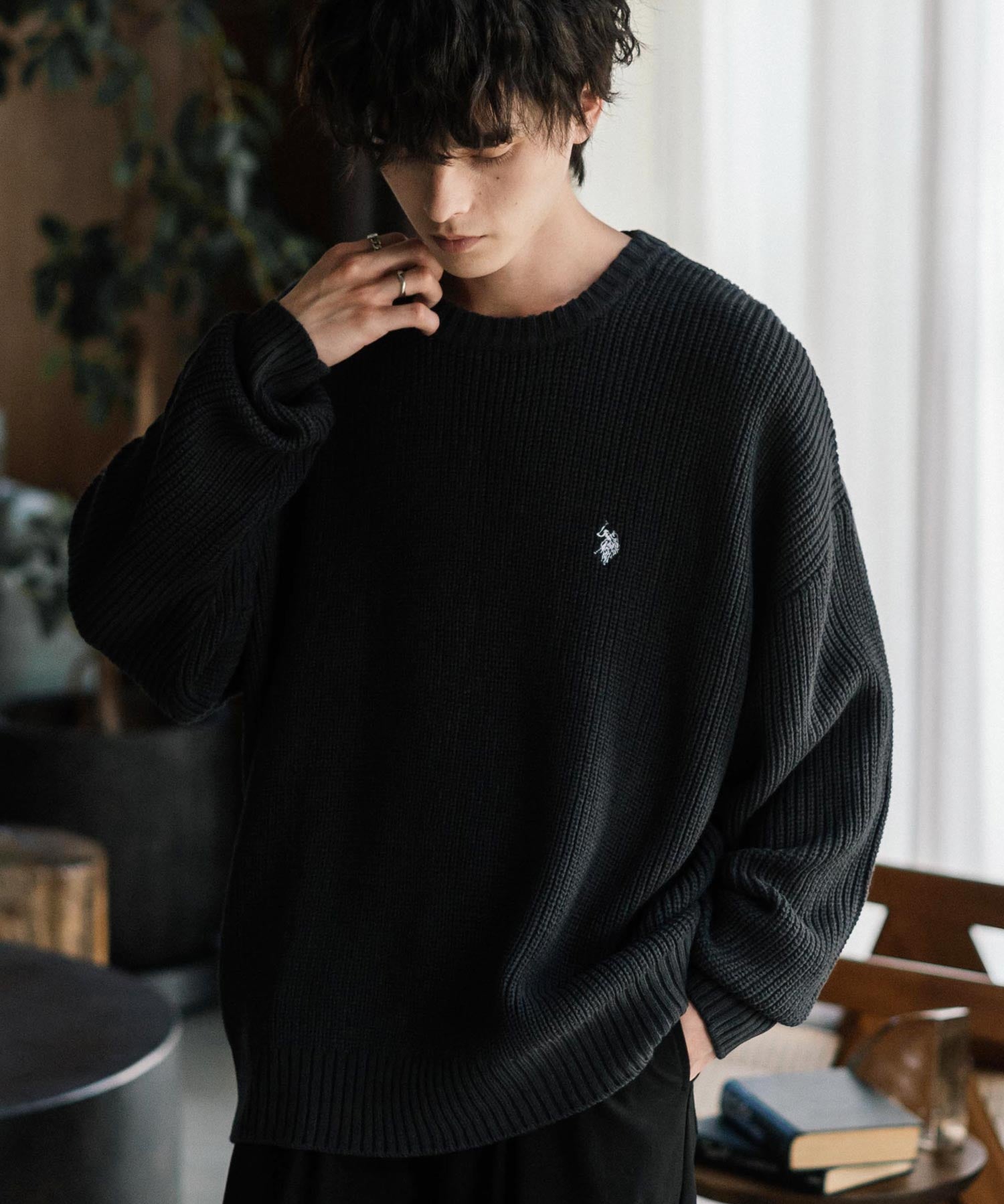 U.S. POLO ASSN. ユーエスポロアッスン 別注コラボ オーバーサイズワンポイントロゴ刺繍畦編みクルーネック長袖ニットセーター 14768