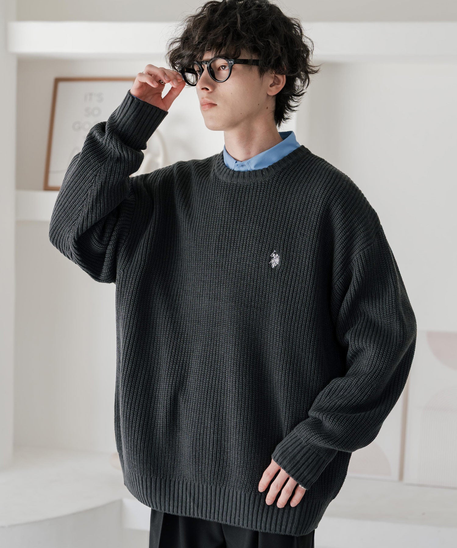 新色追加 U.S. POLO ASSN. ユーエスポロアッスン 別注コラボ オーバーサイズワンポイントロゴ刺繍畦編みクルーネック長袖ニットセーター 14768