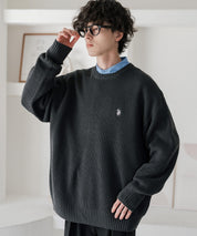 新色追加 U.S. POLO ASSN. ユーエスポロアッスン 別注コラボ オーバーサイズワンポイントロゴ刺繍畦編みクルーネック長袖ニットセーター 14768