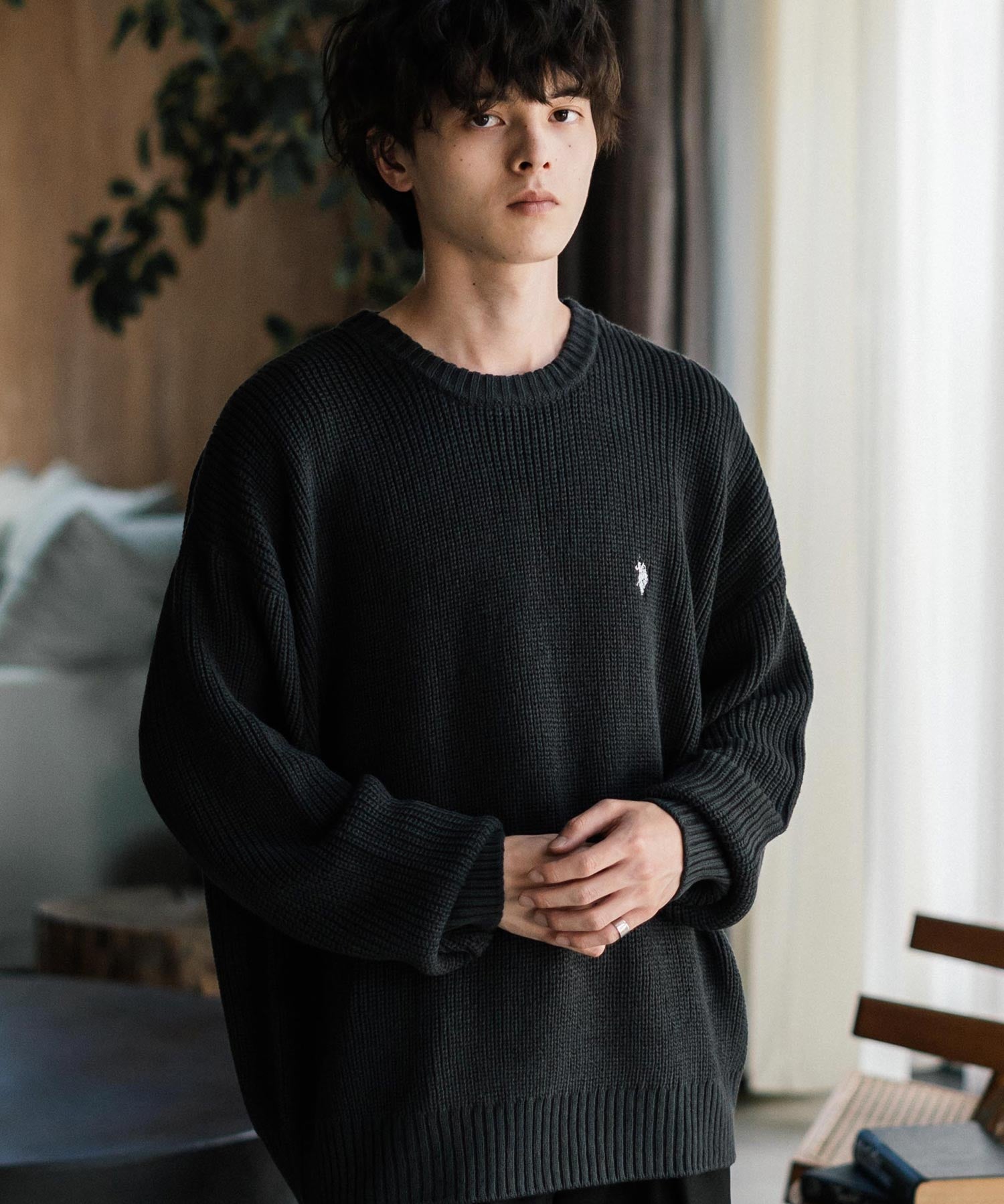 U.S. POLO ASSN. ユーエスポロアッスン 別注コラボ オーバーサイズワンポイントロゴ刺繍畦編みクルーネック長袖ニットセーター 14768