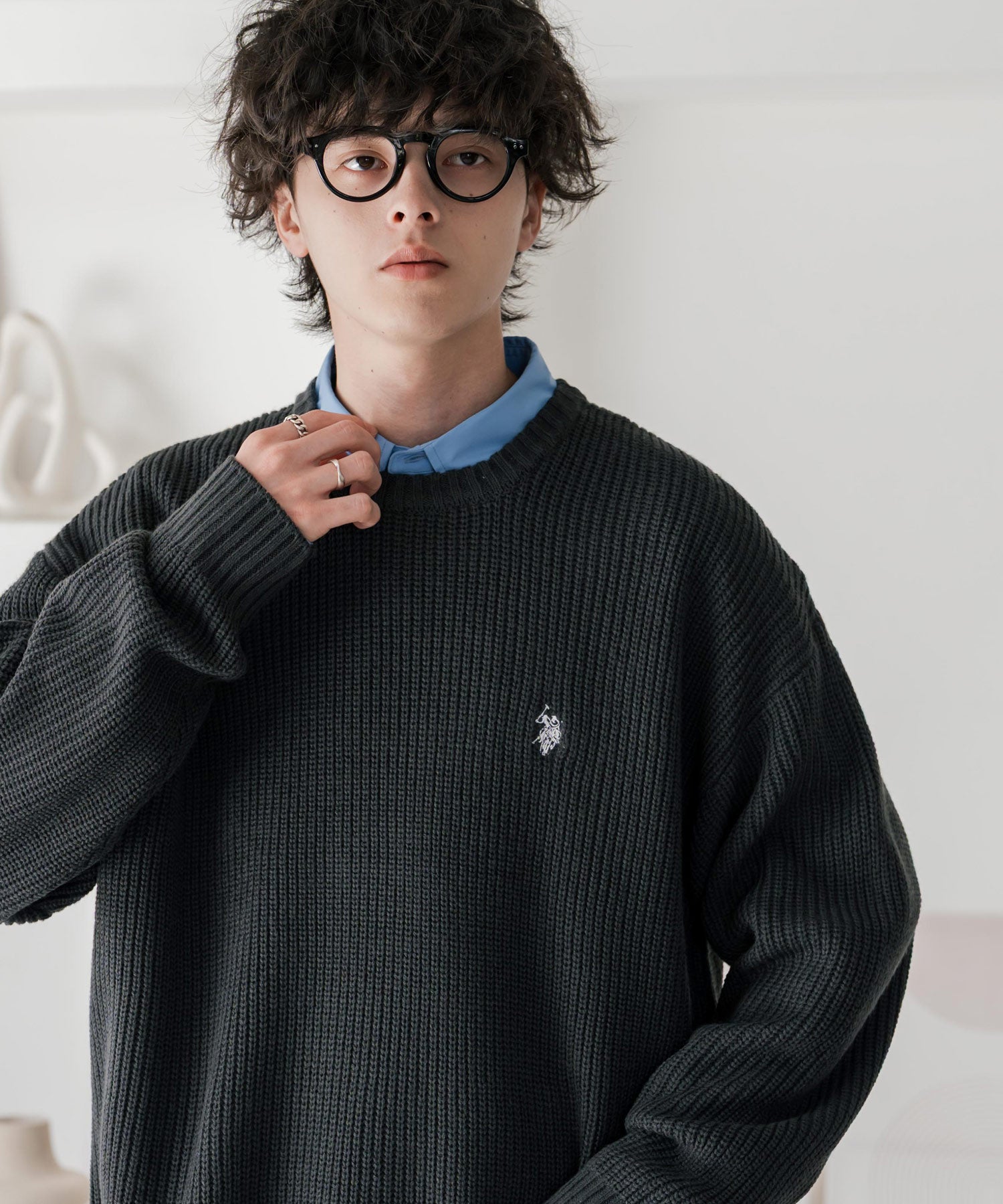新色追加 U.S. POLO ASSN. ユーエスポロアッスン 別注コラボ オーバーサイズワンポイントロゴ刺繍畦編みクルーネック長袖ニットセーター 14768