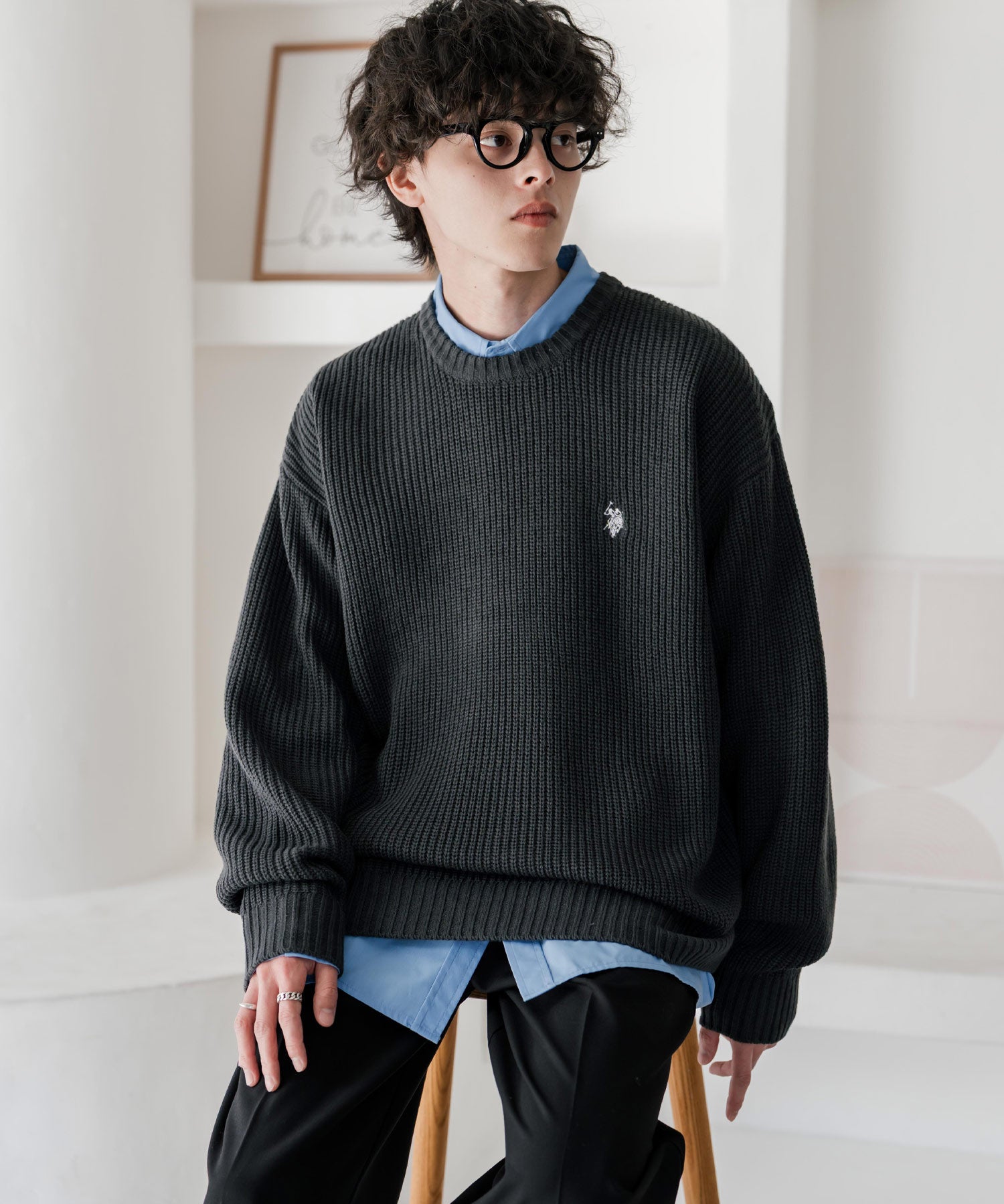 新色追加 U.S. POLO ASSN. ユーエスポロアッスン 別注コラボ オーバーサイズワンポイントロゴ刺繍畦編みクルーネック長袖ニットセーター 14768