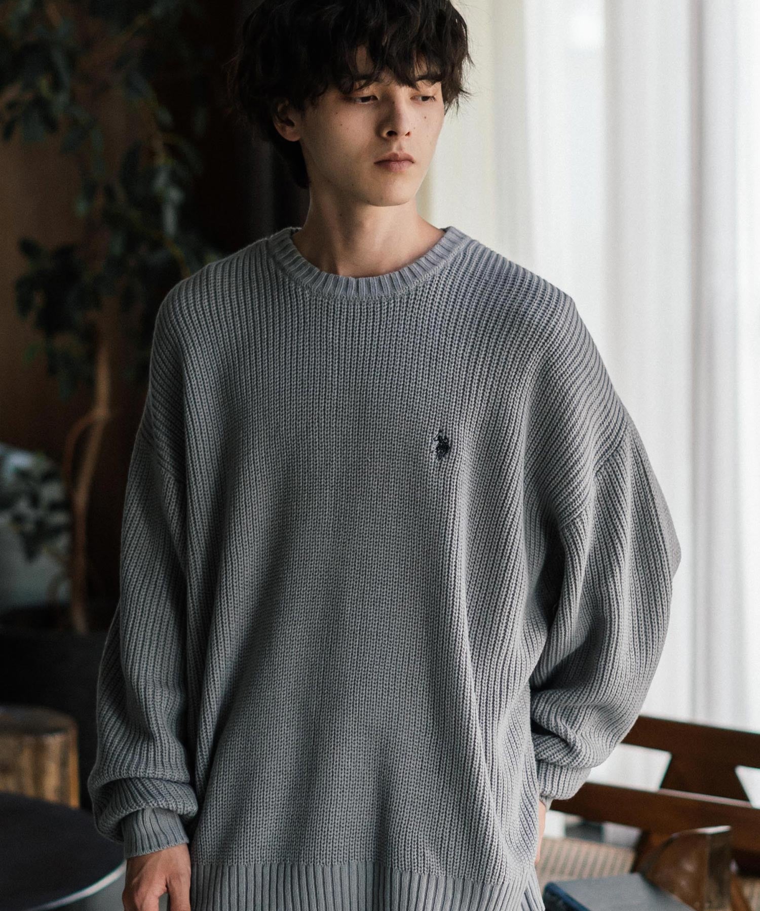 U.S. POLO ASSN. ユーエスポロアッスン 別注コラボ オーバーサイズワンポイントロゴ刺繍畦編みクルーネック長袖ニットセーター 14768