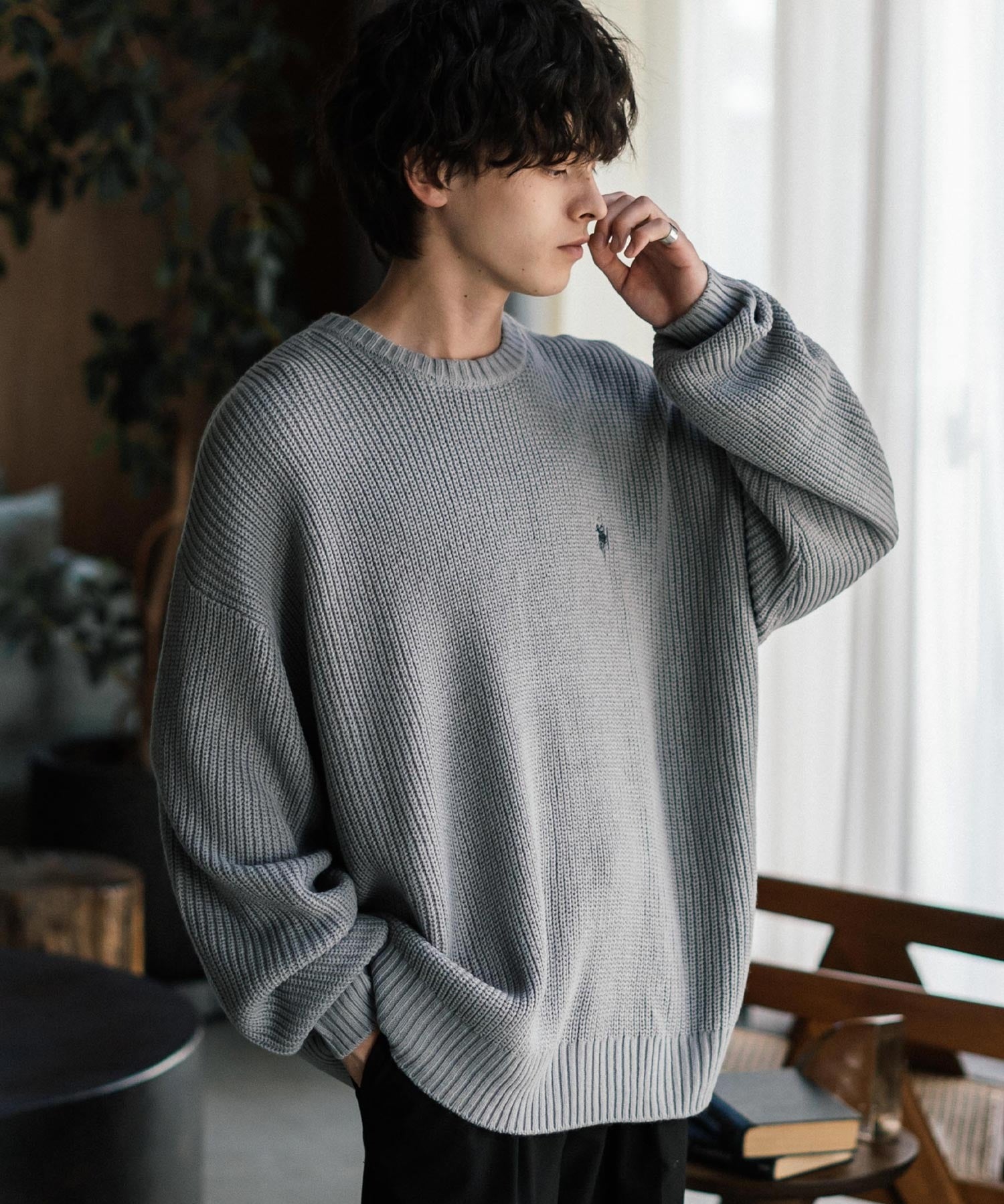 新色追加 U.S. POLO ASSN. ユーエスポロアッスン 別注コラボ オーバーサイズワンポイントロゴ刺繍畦編みクルーネック長袖ニットセーター 14768