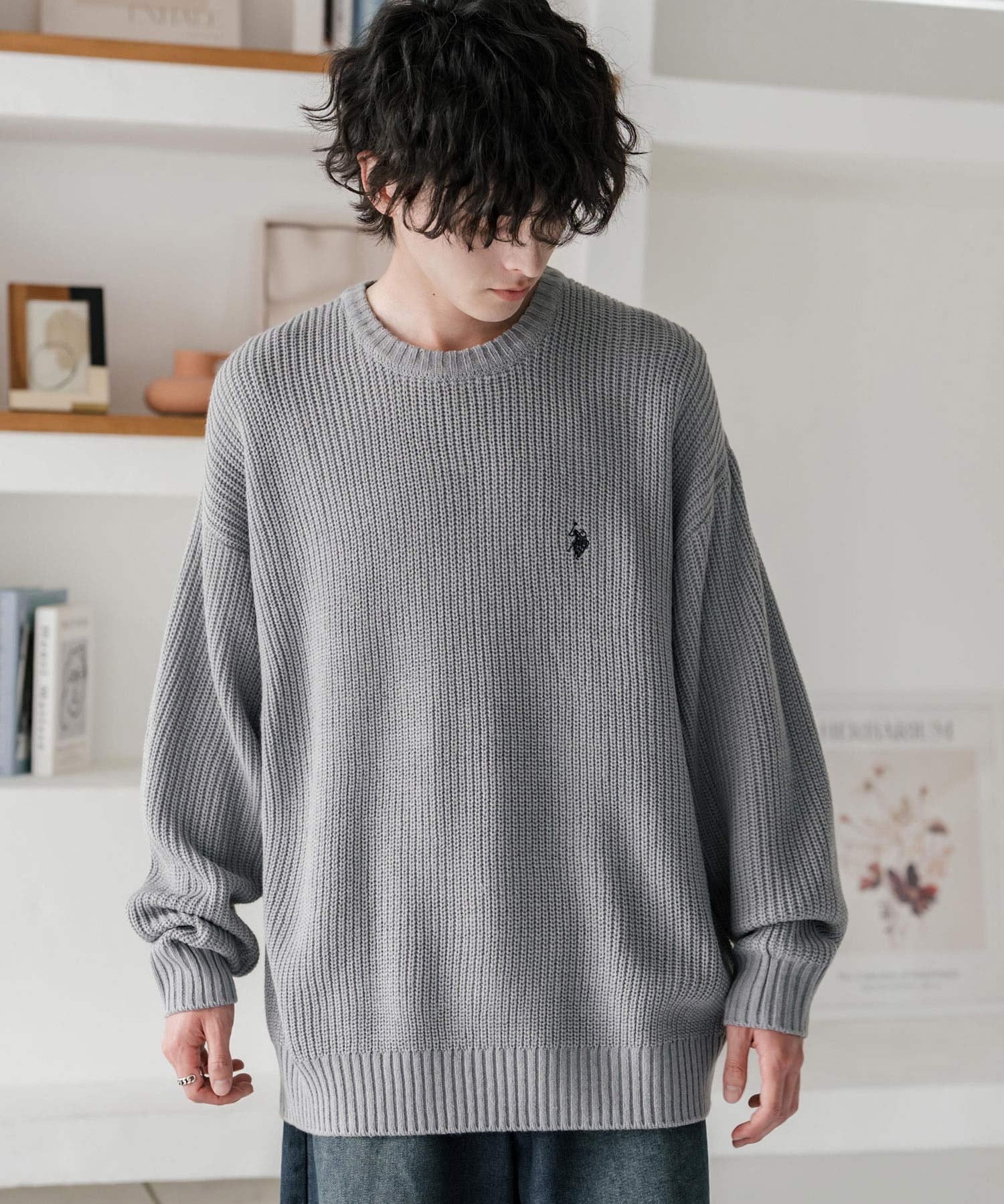 新色追加 U.S. POLO ASSN. ユーエスポロアッスン 別注コラボ オーバーサイズワンポイントロゴ刺繍畦編みクルーネック長袖ニットセーター 14768
