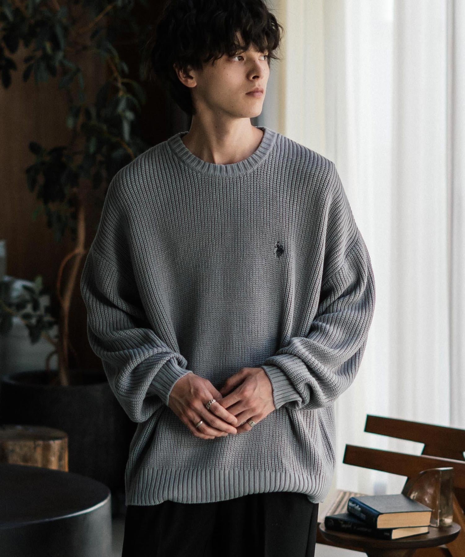 U.S. POLO ASSN. ユーエスポロアッスン 別注コラボ オーバーサイズワンポイントロゴ刺繍畦編みクルーネック長袖ニットセーター 14768