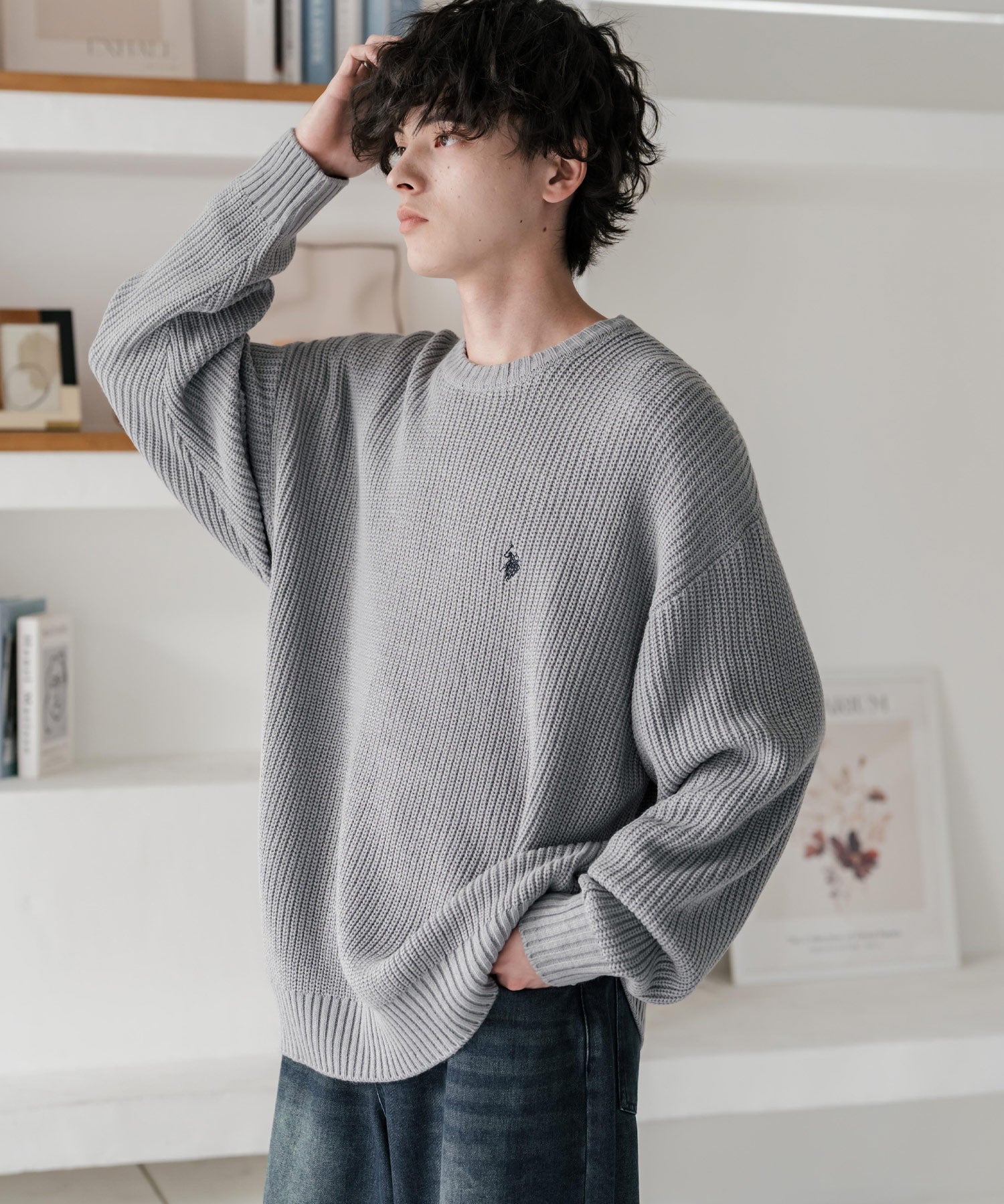 新色追加 U.S. POLO ASSN. ユーエスポロアッスン 別注コラボ オーバーサイズワンポイントロゴ刺繍畦編みクルーネック長袖ニットセーター 14768
