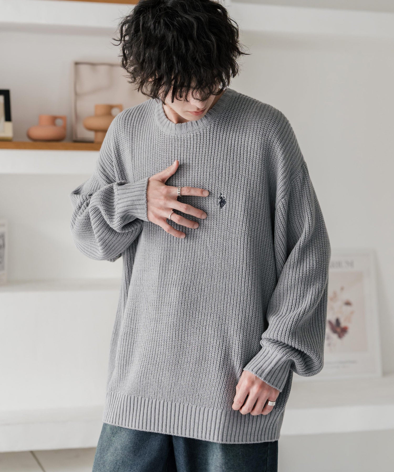 新色追加 U.S. POLO ASSN. ユーエスポロアッスン 別注コラボ オーバーサイズワンポイントロゴ刺繍畦編みクルーネック長袖ニットセーター 14768