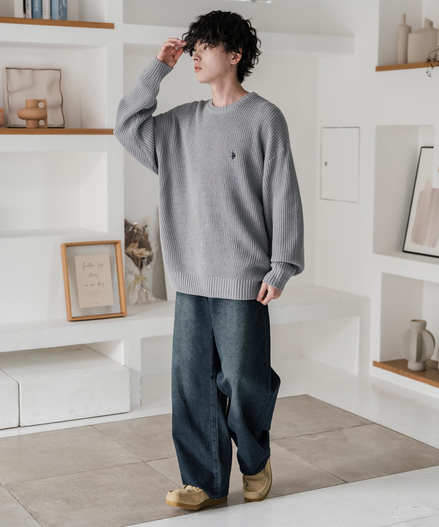 新色追加 U.S. POLO ASSN. ユーエスポロアッスン 別注コラボ オーバーサイズワンポイントロゴ刺繍畦編みクルーネック長袖ニットセーター 14768