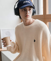 新色追加 U.S. POLO ASSN. ユーエスポロアッスン 別注コラボ オーバーサイズワンポイントロゴ刺繍畦編みクルーネック長袖ニットセーター 14768