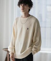 U.S. POLO ASSN. ユーエスポロアッスン 別注コラボ オーバーサイズワンポイントロゴ刺繍畦編みクルーネック長袖ニットセーター 14768