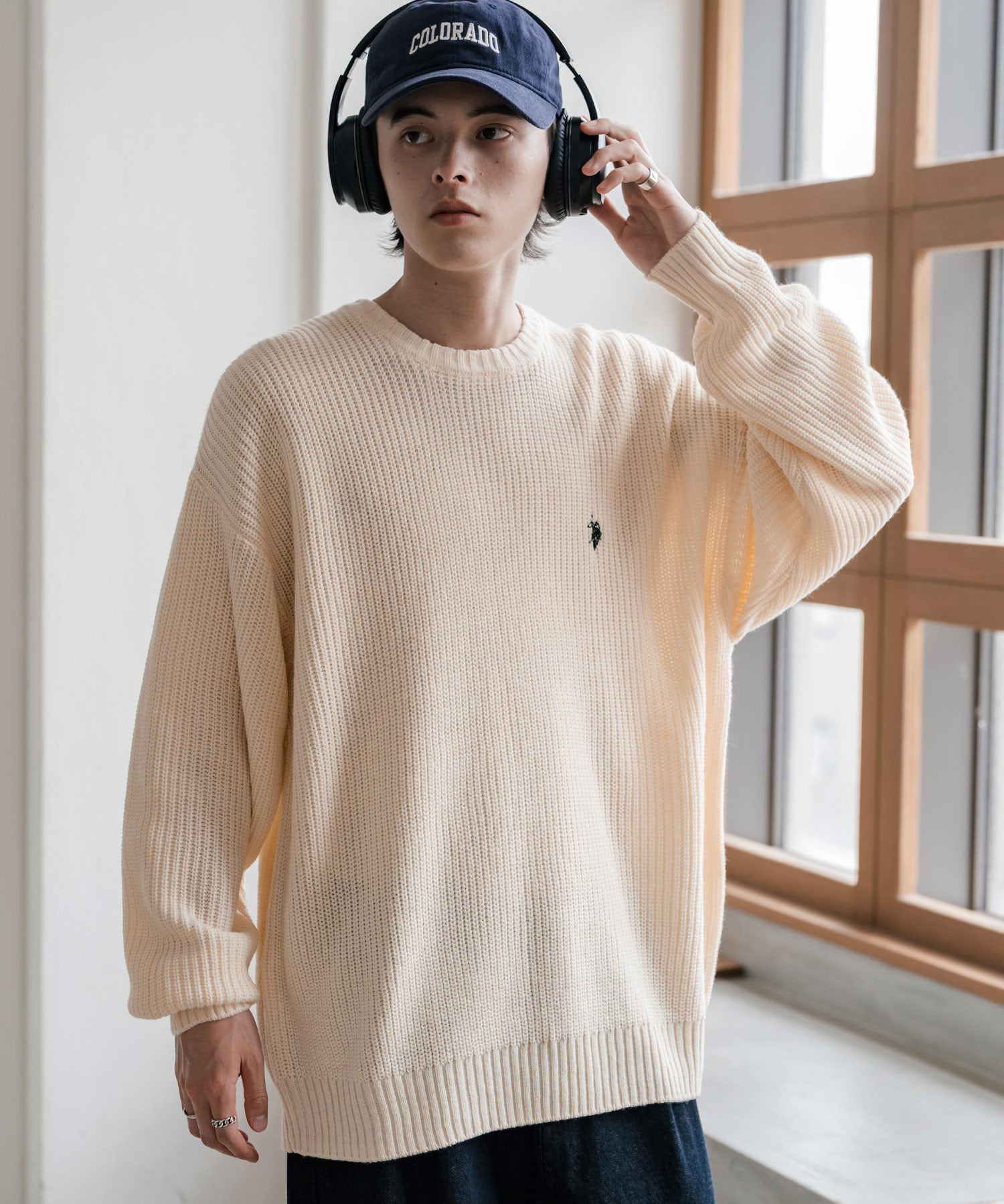 新色追加 U.S. POLO ASSN. ユーエスポロアッスン 別注コラボ オーバーサイズワンポイントロゴ刺繍畦編みクルーネック長袖ニットセーター 14768