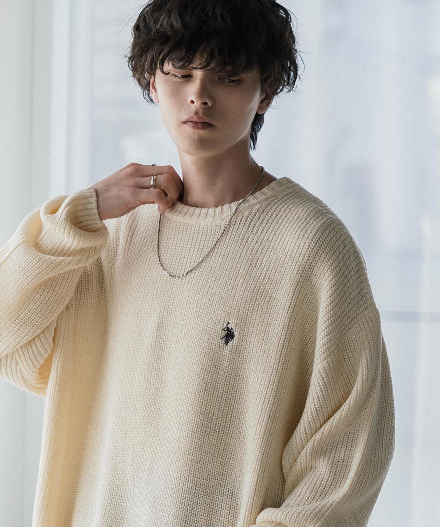 U.S. POLO ASSN. ユーエスポロアッスン 別注コラボ オーバーサイズワンポイントロゴ刺繍畦編みクルーネック長袖ニットセーター 14768