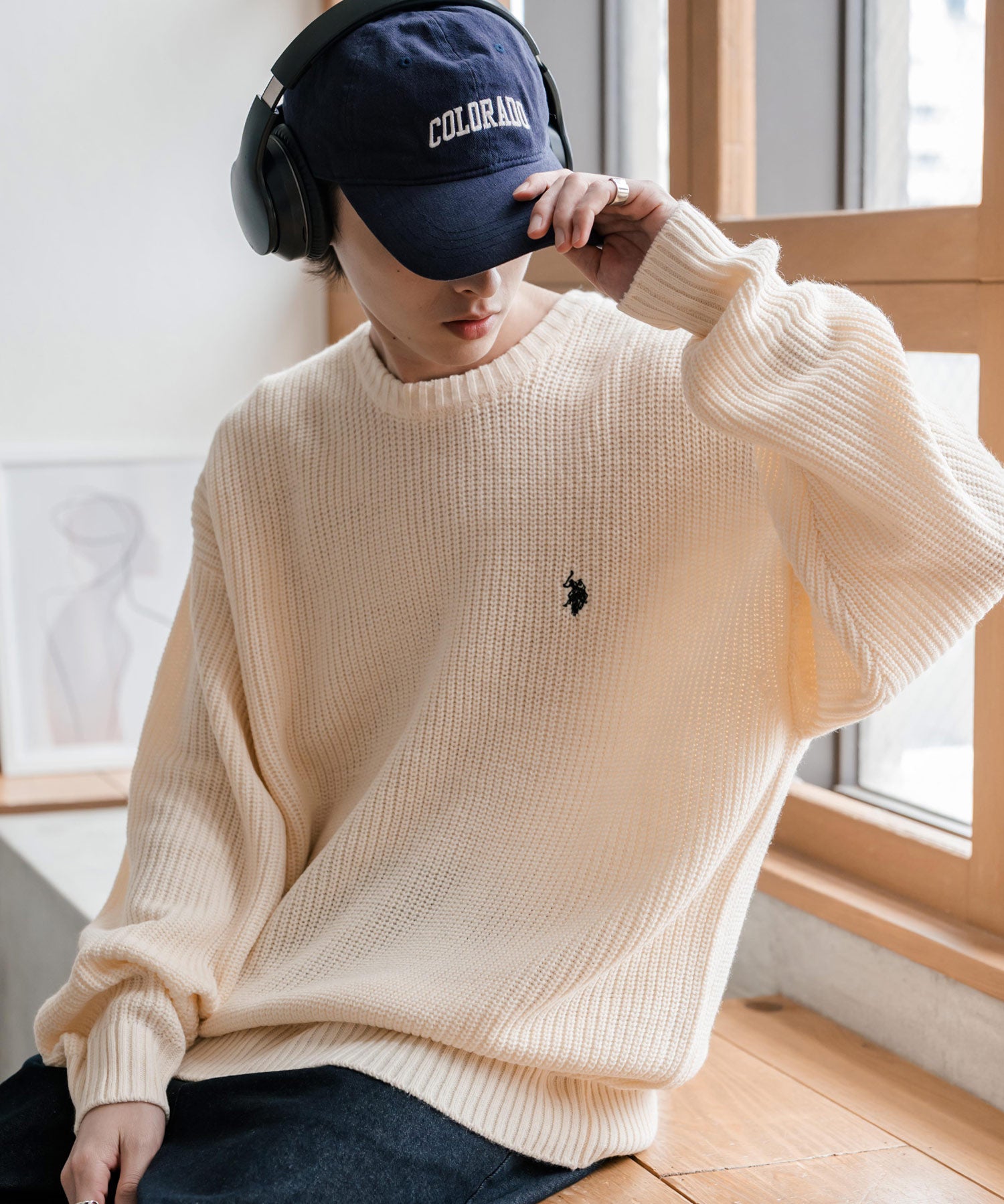 新色追加 U.S. POLO ASSN. ユーエスポロアッスン 別注コラボ オーバーサイズワンポイントロゴ刺繍畦編みクルーネック長袖ニットセーター 14768