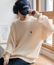 新色追加 U.S. POLO ASSN. ユーエスポロアッスン 別注コラボ オーバーサイズワンポイントロゴ刺繍畦編みクルーネック長袖ニットセーター 14768