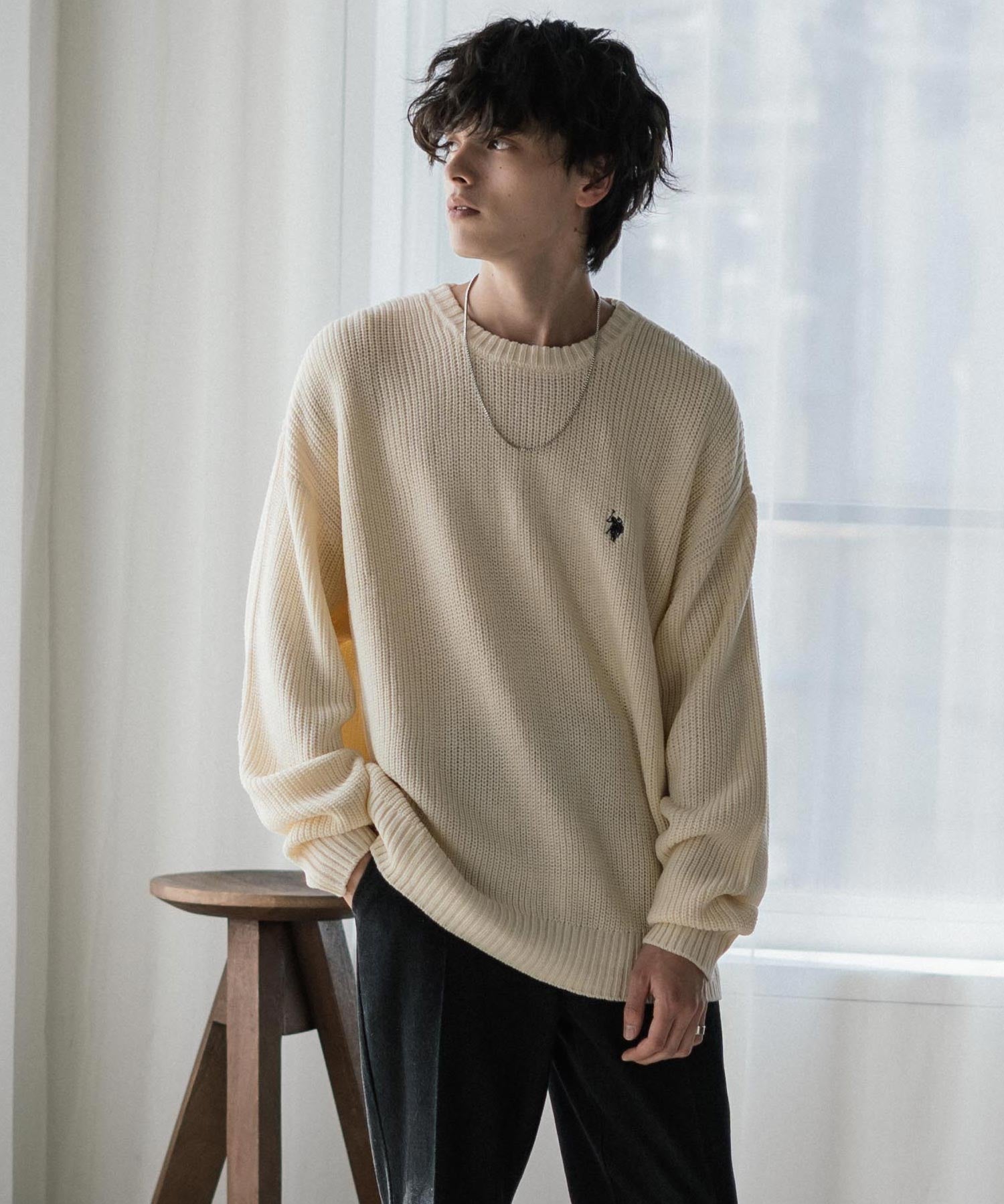 U.S. POLO ASSN. ユーエスポロアッスン 別注コラボ オーバーサイズワンポイントロゴ刺繍畦編みクルーネック長袖ニットセーター 14768