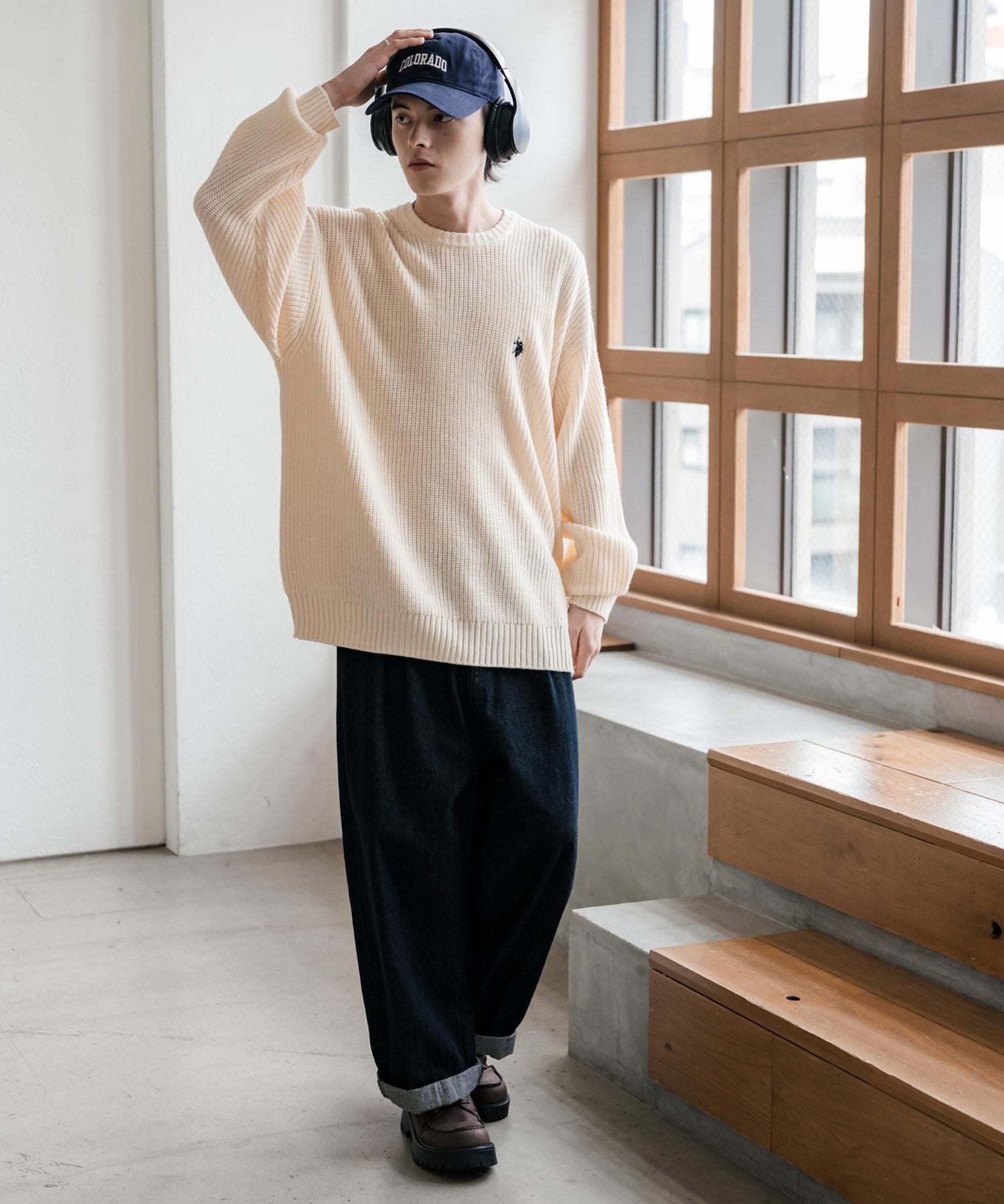 新色追加 U.S. POLO ASSN. ユーエスポロアッスン 別注コラボ オーバーサイズワンポイントロゴ刺繍畦編みクルーネック長袖ニットセーター 14768