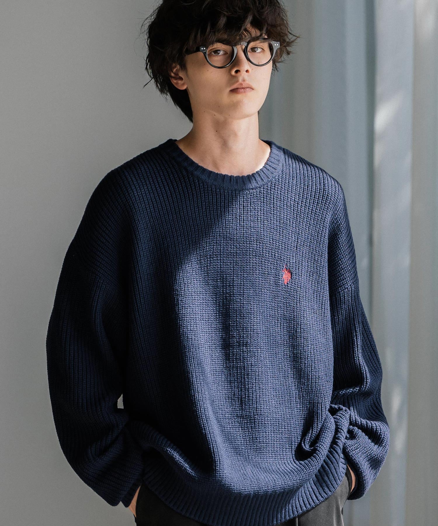 U.S. POLO ASSN. ユーエスポロアッスン 別注コラボ オーバーサイズワンポイントロゴ刺繍畦編みクルーネック長袖ニットセーター 14768