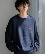 U.S. POLO ASSN. ユーエスポロアッスン 別注コラボ オーバーサイズワンポイントロゴ刺繍畦編みクルーネック長袖ニットセーター 14768