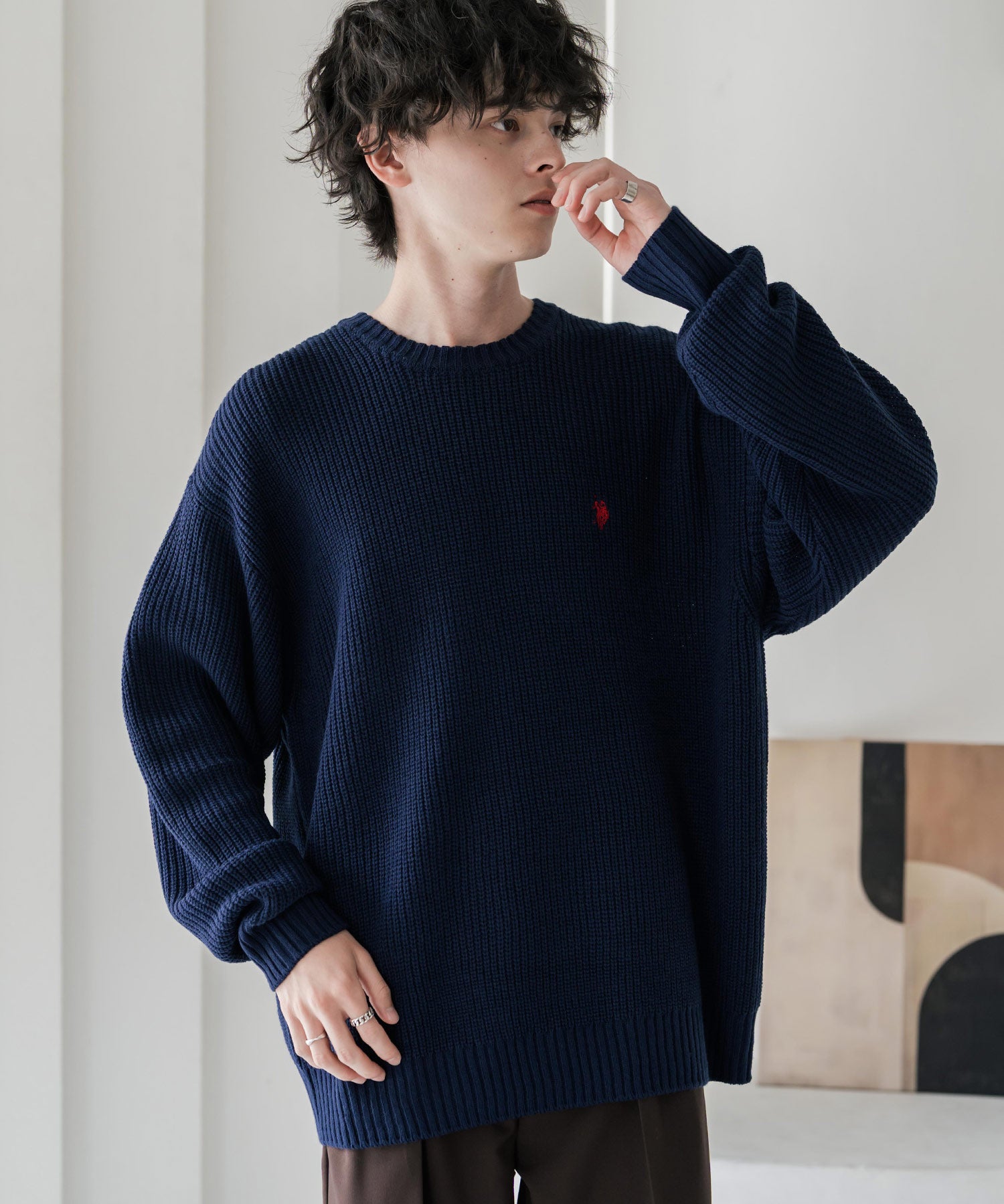 新色追加 U.S. POLO ASSN. ユーエスポロアッスン 別注コラボ オーバーサイズワンポイントロゴ刺繍畦編みクルーネック長袖ニットセーター 14768