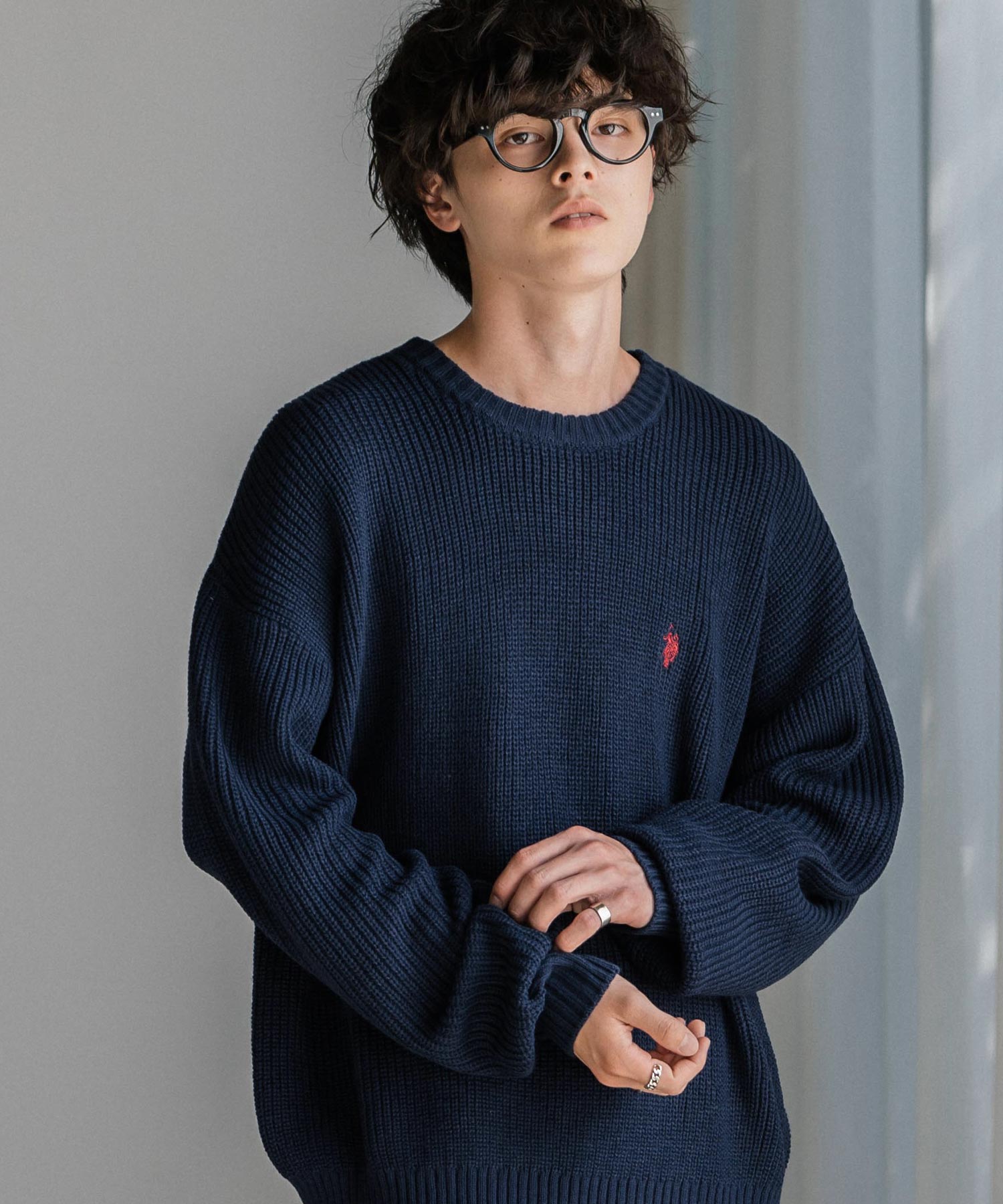 U.S. POLO ASSN. ユーエスポロアッスン 別注コラボ オーバーサイズワンポイントロゴ刺繍畦編みクルーネック長袖ニットセーター 14768