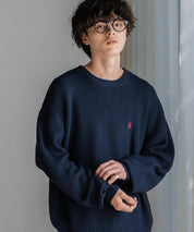 U.S. POLO ASSN. ユーエスポロアッスン 別注コラボ オーバーサイズワンポイントロゴ刺繍畦編みクルーネック長袖ニットセーター 14768