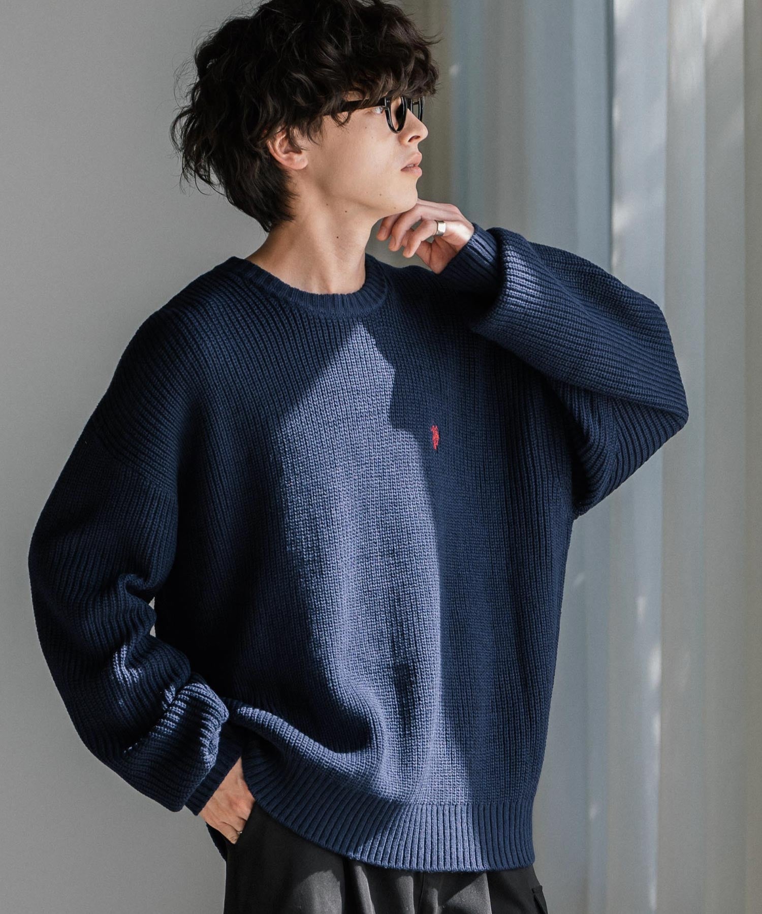 U.S. POLO ASSN. ユーエスポロアッスン 別注コラボ オーバーサイズワンポイントロゴ刺繍畦編みクルーネック長袖ニットセーター 14768