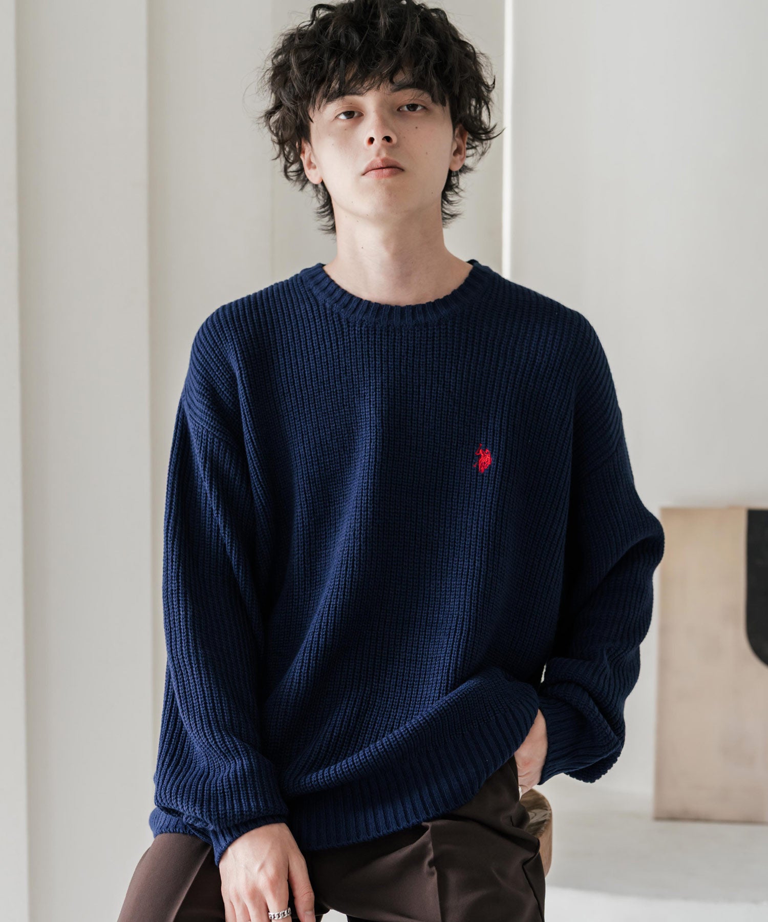 新色追加 U.S. POLO ASSN. ユーエスポロアッスン 別注コラボ オーバーサイズワンポイントロゴ刺繍畦編みクルーネック長袖ニットセーター 14768