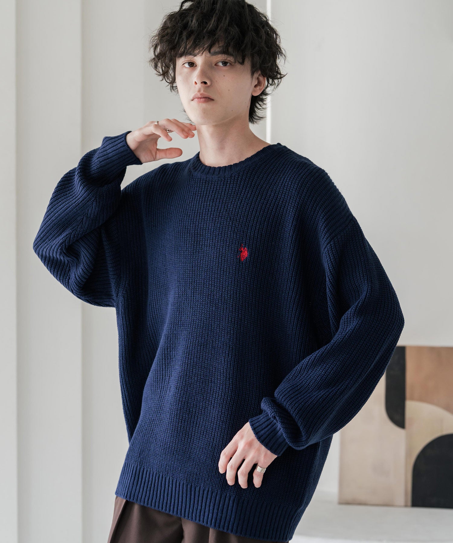 新色追加 U.S. POLO ASSN. ユーエスポロアッスン 別注コラボ オーバーサイズワンポイントロゴ刺繍畦編みクルーネック長袖ニットセーター 14768