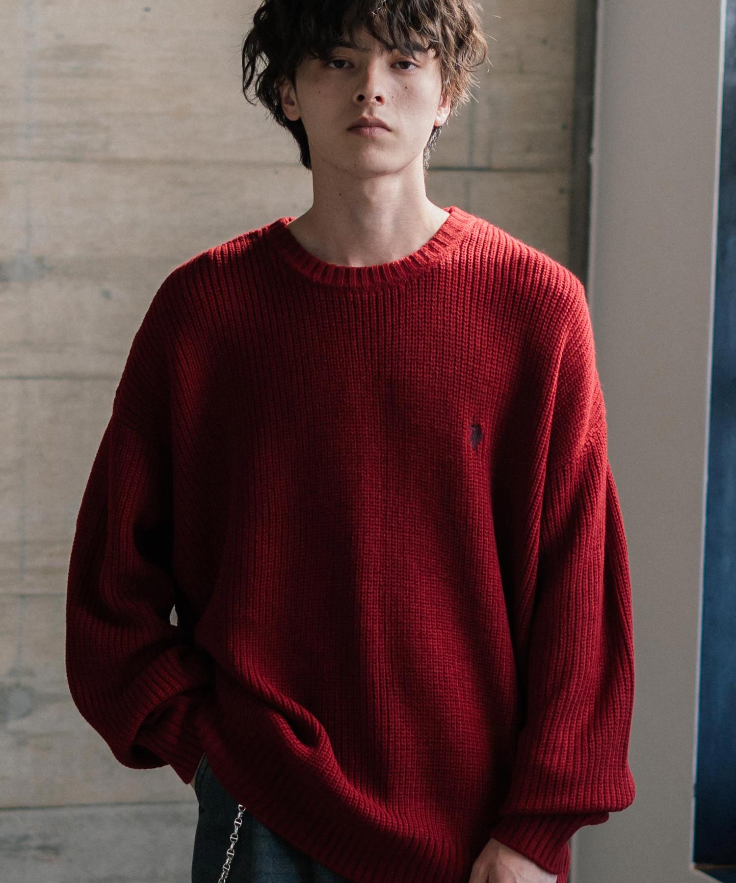 U.S. POLO ASSN. ユーエスポロアッスン 別注コラボ オーバーサイズワンポイントロゴ刺繍畦編みクルーネック長袖ニットセーター 14768