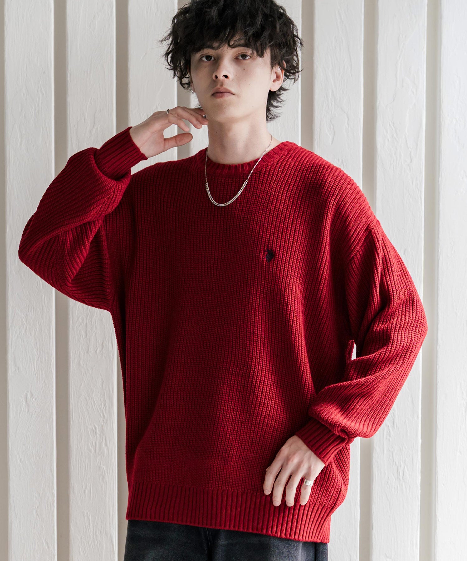 新色追加 U.S. POLO ASSN. ユーエスポロアッスン 別注コラボ オーバーサイズワンポイントロゴ刺繍畦編みクルーネック長袖ニットセーター 14768