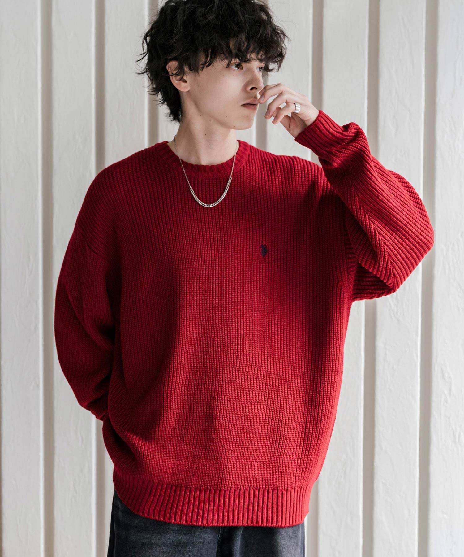 新色追加 U.S. POLO ASSN. ユーエスポロアッスン 別注コラボ オーバーサイズワンポイントロゴ刺繍畦編みクルーネック長袖ニットセーター 14768