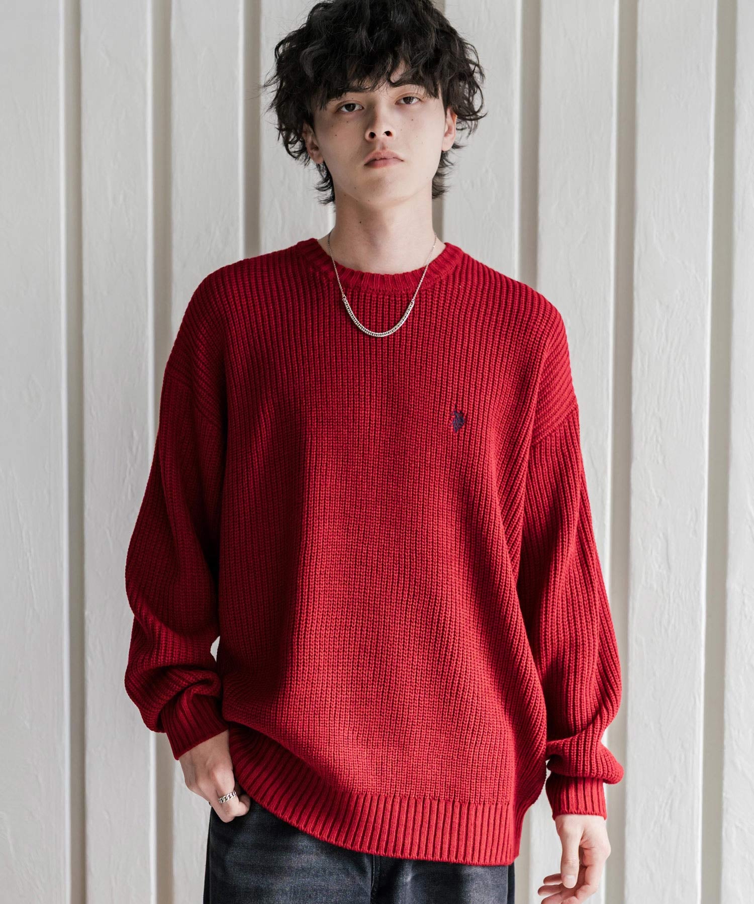 新色追加 U.S. POLO ASSN. ユーエスポロアッスン 別注コラボ オーバーサイズワンポイントロゴ刺繍畦編みクルーネック長袖ニットセーター 14768