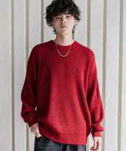 新色追加 U.S. POLO ASSN. ユーエスポロアッスン 別注コラボ オーバーサイズワンポイントロゴ刺繍畦編みクルーネック長袖ニットセーター 14768