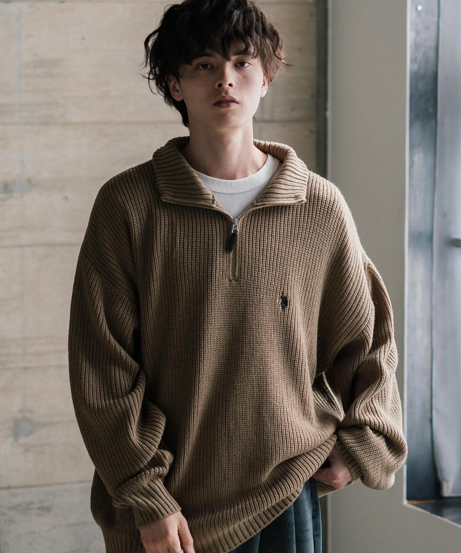 U.S. POLO ASSN. ユーエスポロアッスン 別注コラボ オーバーサイズワンポイントロゴ刺繍畦編みハーフジップ長袖ニットセーター 14769