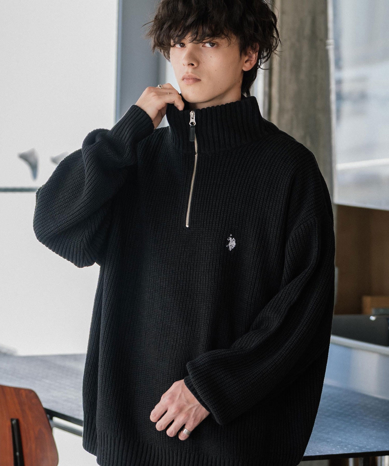 U.S. POLO ASSN. ユーエスポロアッスン 別注コラボ オーバーサイズワンポイントロゴ刺繍畦編みハーフジップ長袖ニットセーター 14769