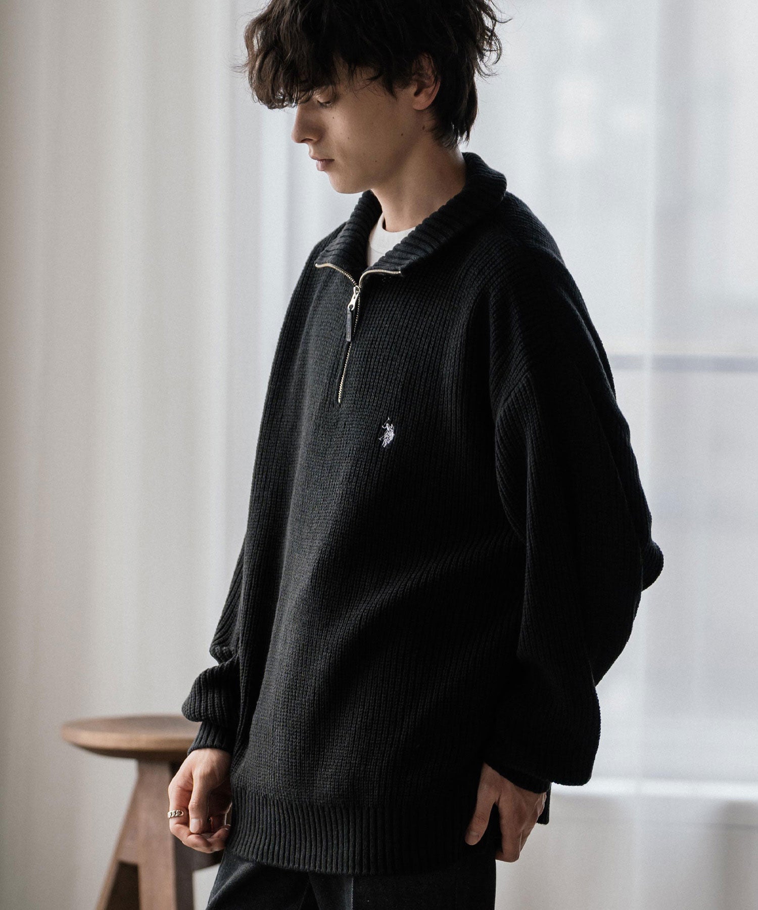 U.S. POLO ASSN. ユーエスポロアッスン 別注コラボ オーバーサイズワンポイントロゴ刺繍畦編みハーフジップ長袖ニットセーター 14769