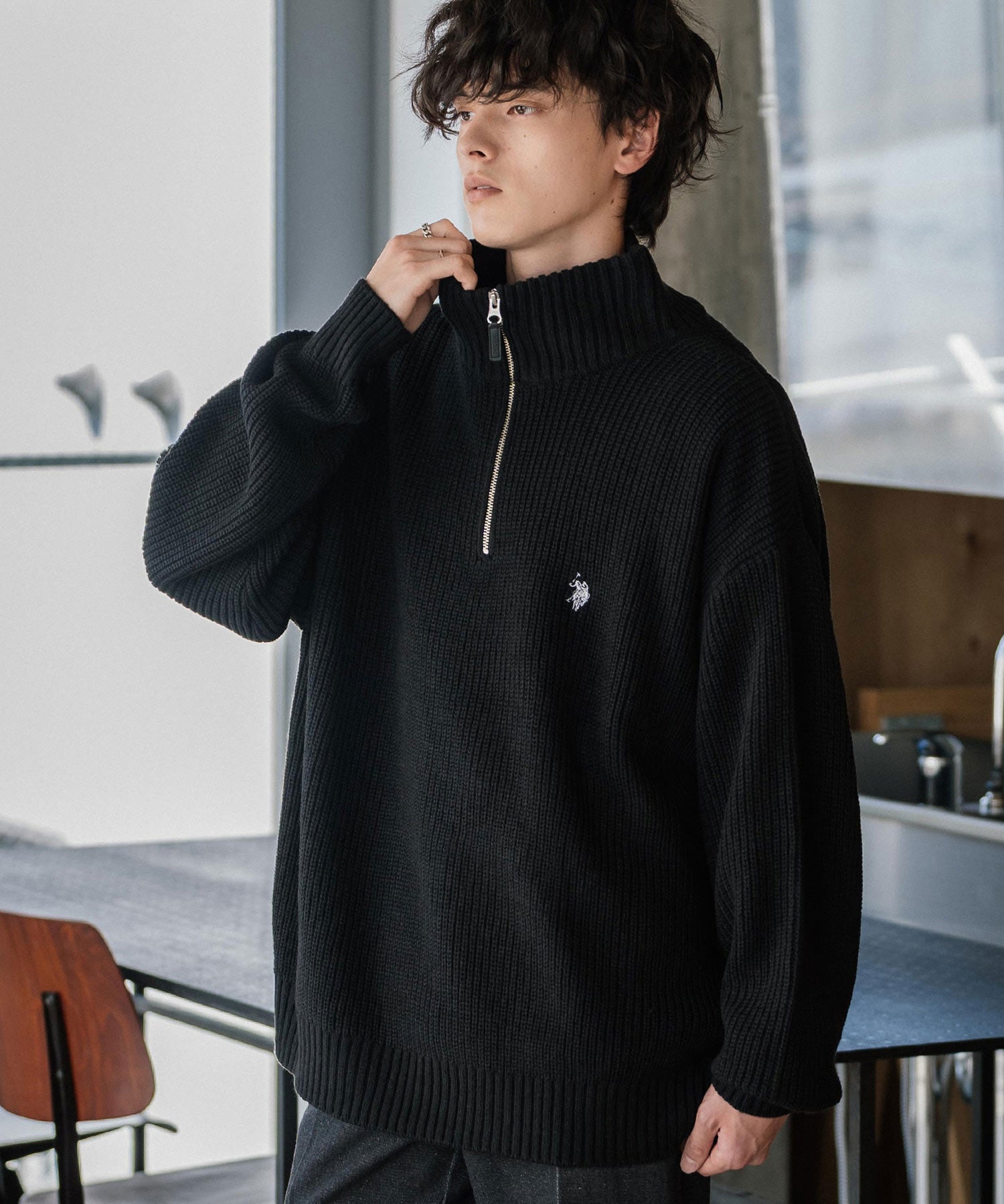 U.S. POLO ASSN. ユーエスポロアッスン 別注コラボ オーバーサイズワンポイントロゴ刺繍畦編みハーフジップ長袖ニットセーター 14769