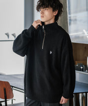 U.S. POLO ASSN. ユーエスポロアッスン 別注コラボ オーバーサイズワンポイントロゴ刺繍畦編みハーフジップ長袖ニットセーター 14769