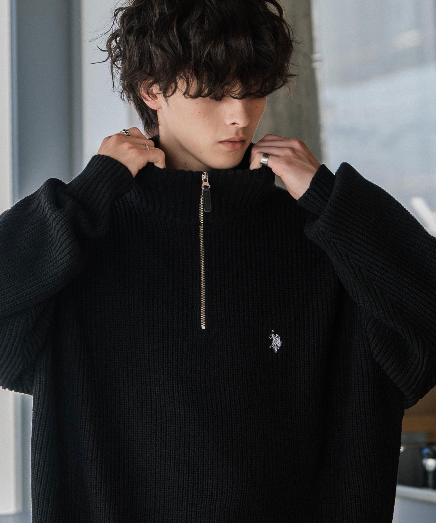 U.S. POLO ASSN. ユーエスポロアッスン 別注コラボ オーバーサイズワンポイントロゴ刺繍畦編みハーフジップ長袖ニットセーター 14769