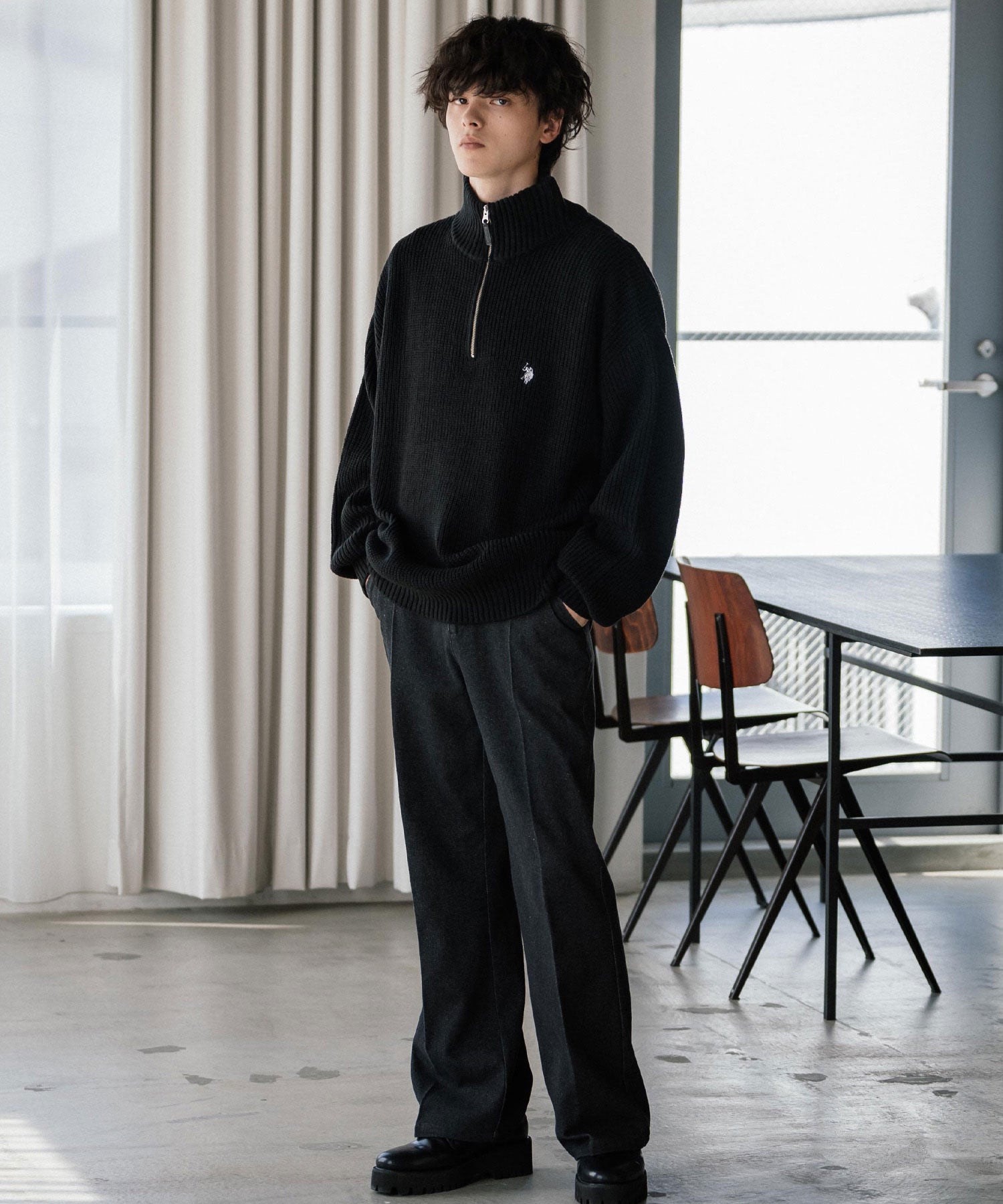 U.S. POLO ASSN. ユーエスポロアッスン 別注コラボ オーバーサイズワンポイントロゴ刺繍畦編みハーフジップ長袖ニットセーター 14769