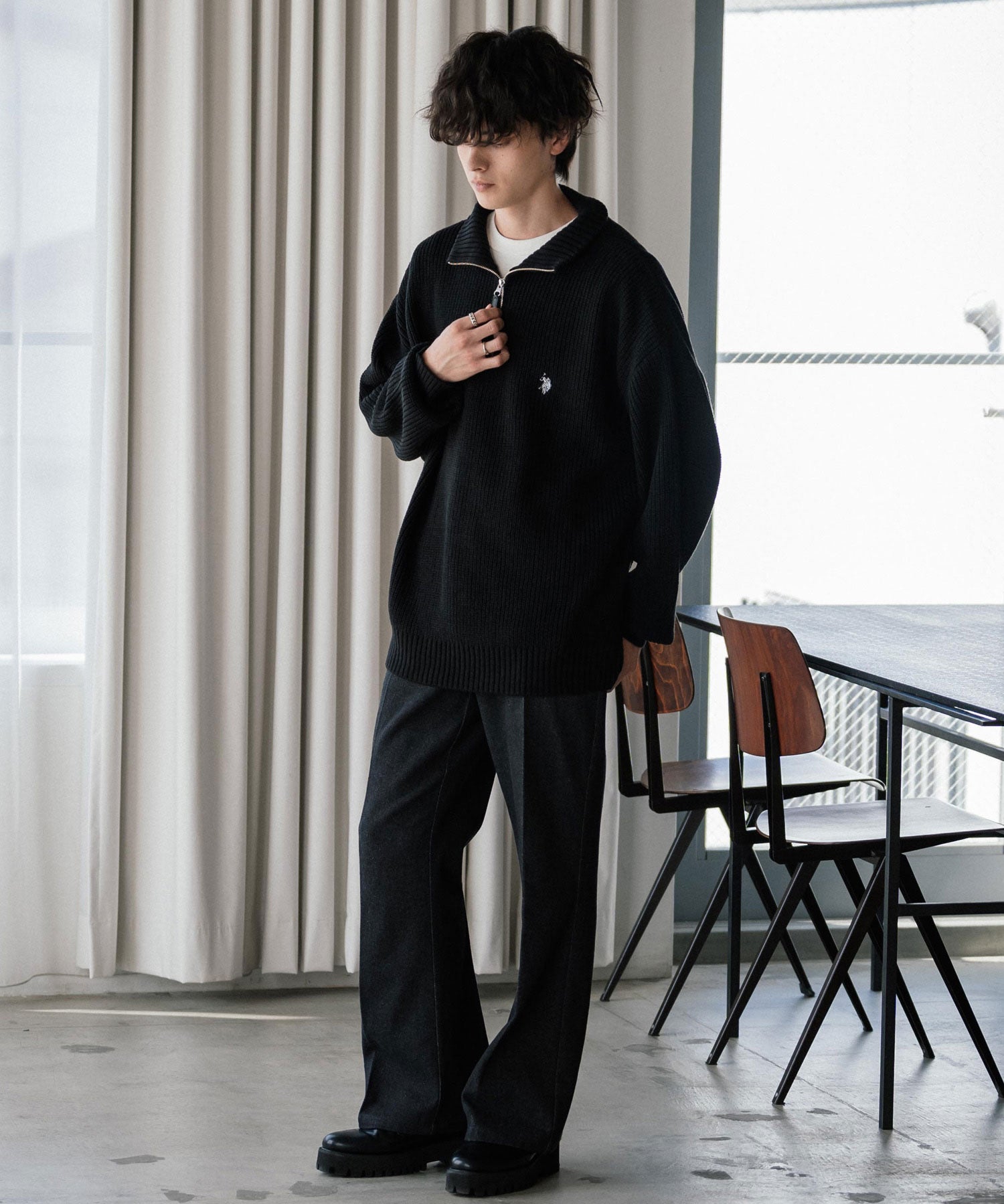 U.S. POLO ASSN. ユーエスポロアッスン 別注コラボ オーバーサイズワンポイントロゴ刺繍畦編みハーフジップ長袖ニットセーター 14769