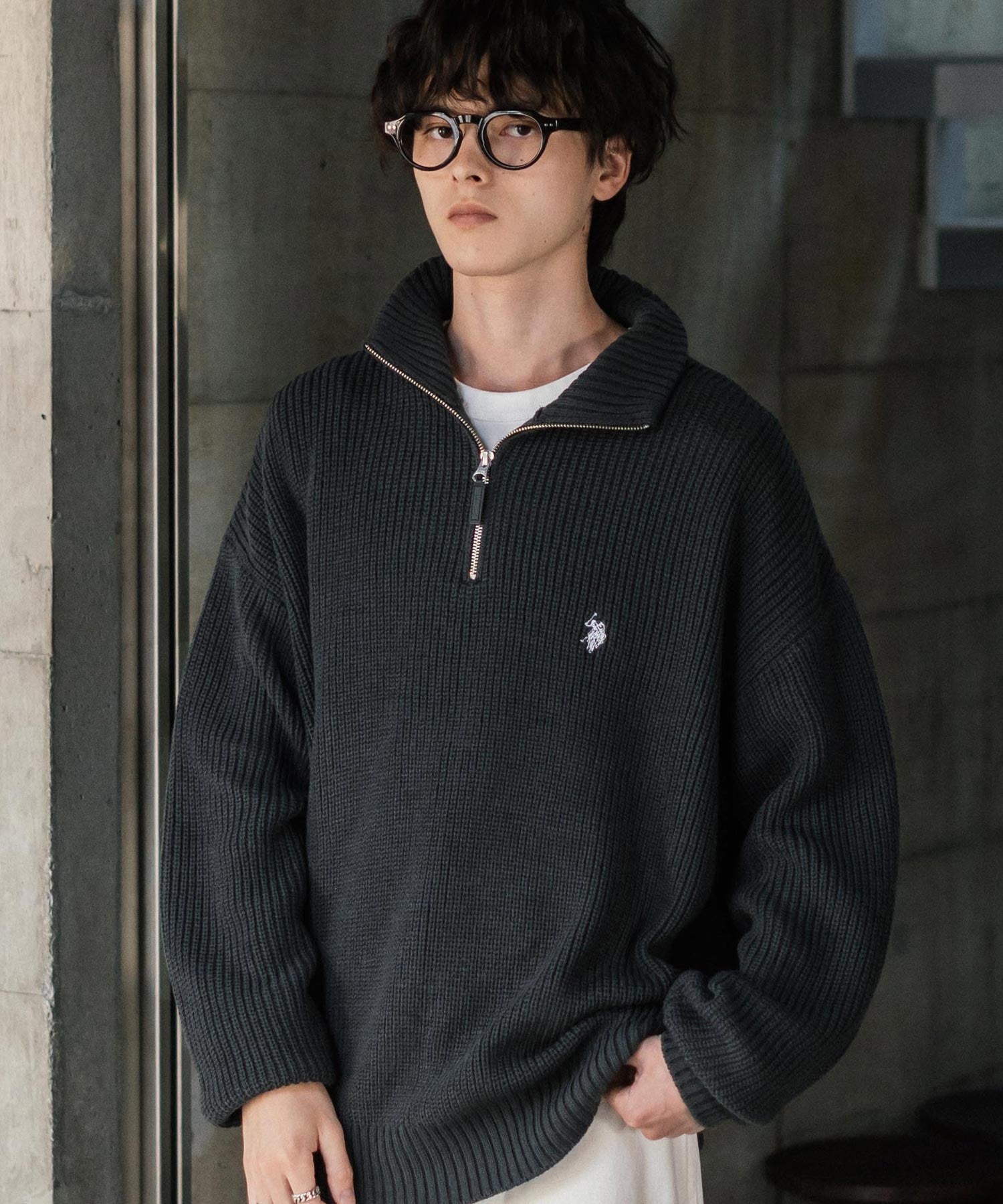 U.S. POLO ASSN. ユーエスポロアッスン 別注コラボ オーバーサイズワンポイントロゴ刺繍畦編みハーフジップ長袖ニットセーター 14769