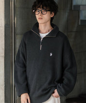 U.S. POLO ASSN. ユーエスポロアッスン 別注コラボ オーバーサイズワンポイントロゴ刺繍畦編みハーフジップ長袖ニットセーター 14769