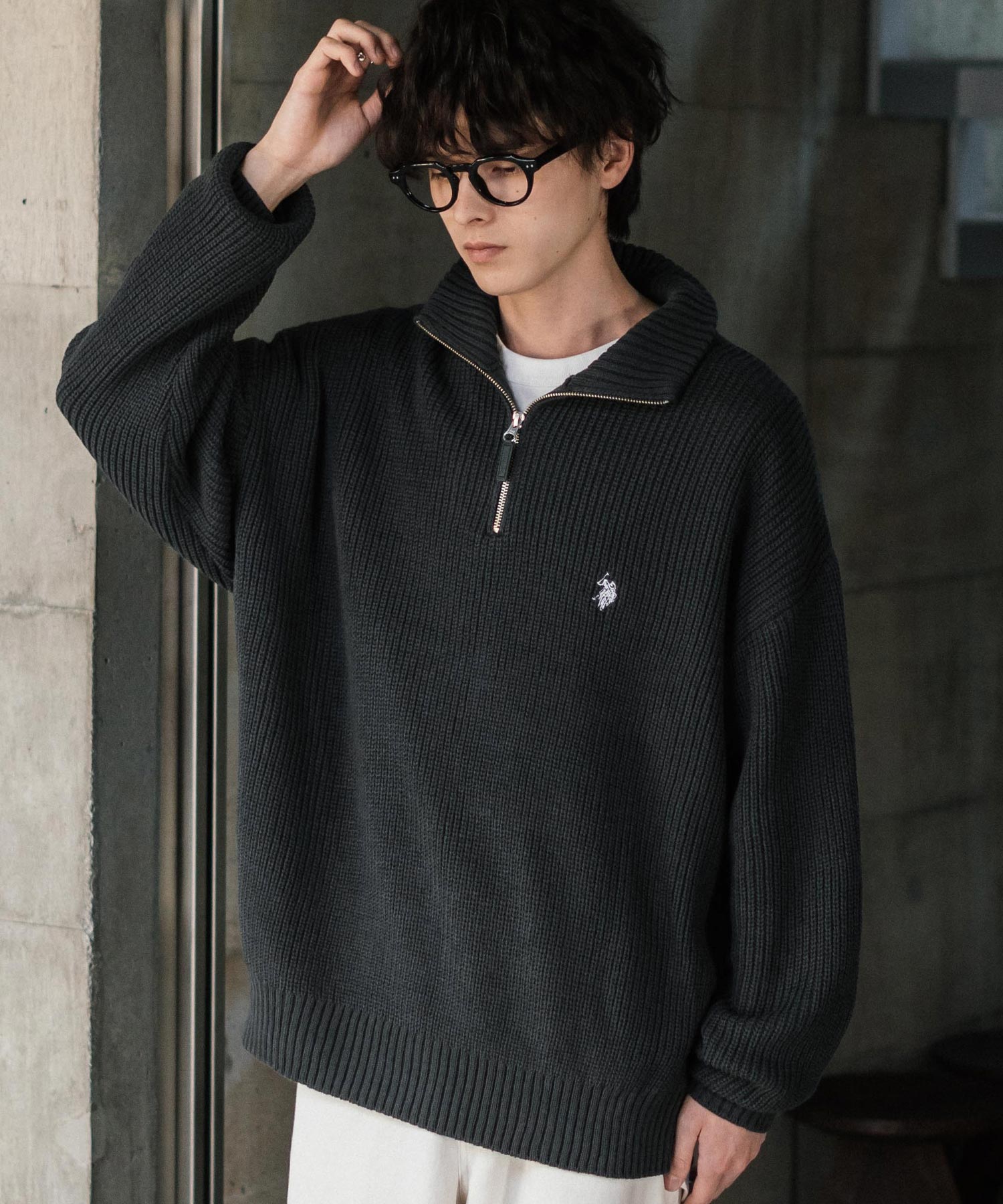 U.S. POLO ASSN. ユーエスポロアッスン 別注コラボ オーバーサイズワンポイントロゴ刺繍畦編みハーフジップ長袖ニットセーター 14769