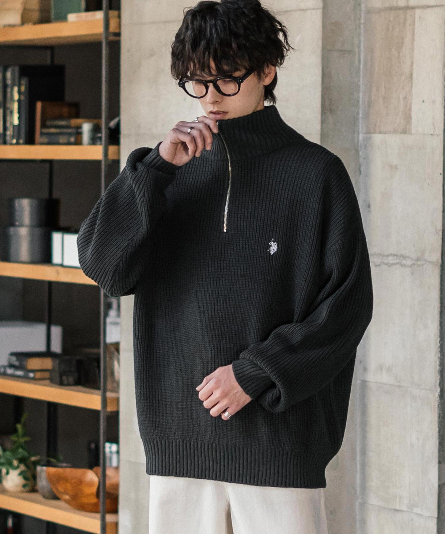 U.S. POLO ASSN. ユーエスポロアッスン 別注コラボ オーバーサイズワンポイントロゴ刺繍畦編みハーフジップ長袖ニットセーター 14769