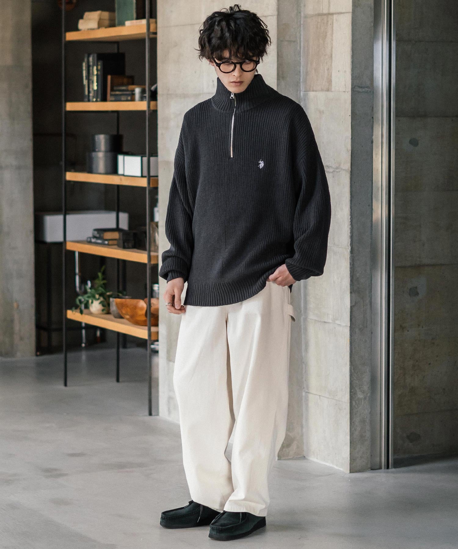 U.S. POLO ASSN. ユーエスポロアッスン 別注コラボ オーバーサイズワンポイントロゴ刺繍畦編みハーフジップ長袖ニットセーター 14769