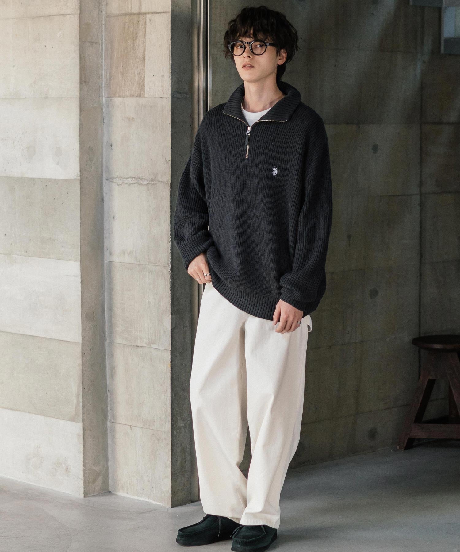 U.S. POLO ASSN. ユーエスポロアッスン 別注コラボ オーバーサイズワンポイントロゴ刺繍畦編みハーフジップ長袖ニットセーター 14769